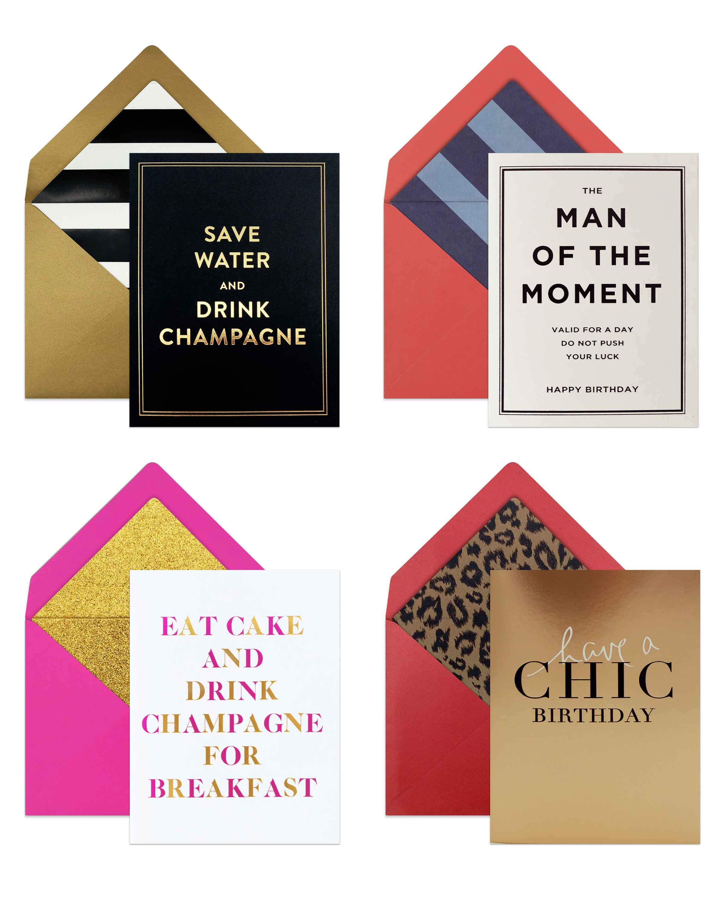 Birthday Assorted Set 01 featuring four elegant cards with gold foil accents and matching lined envelopes.