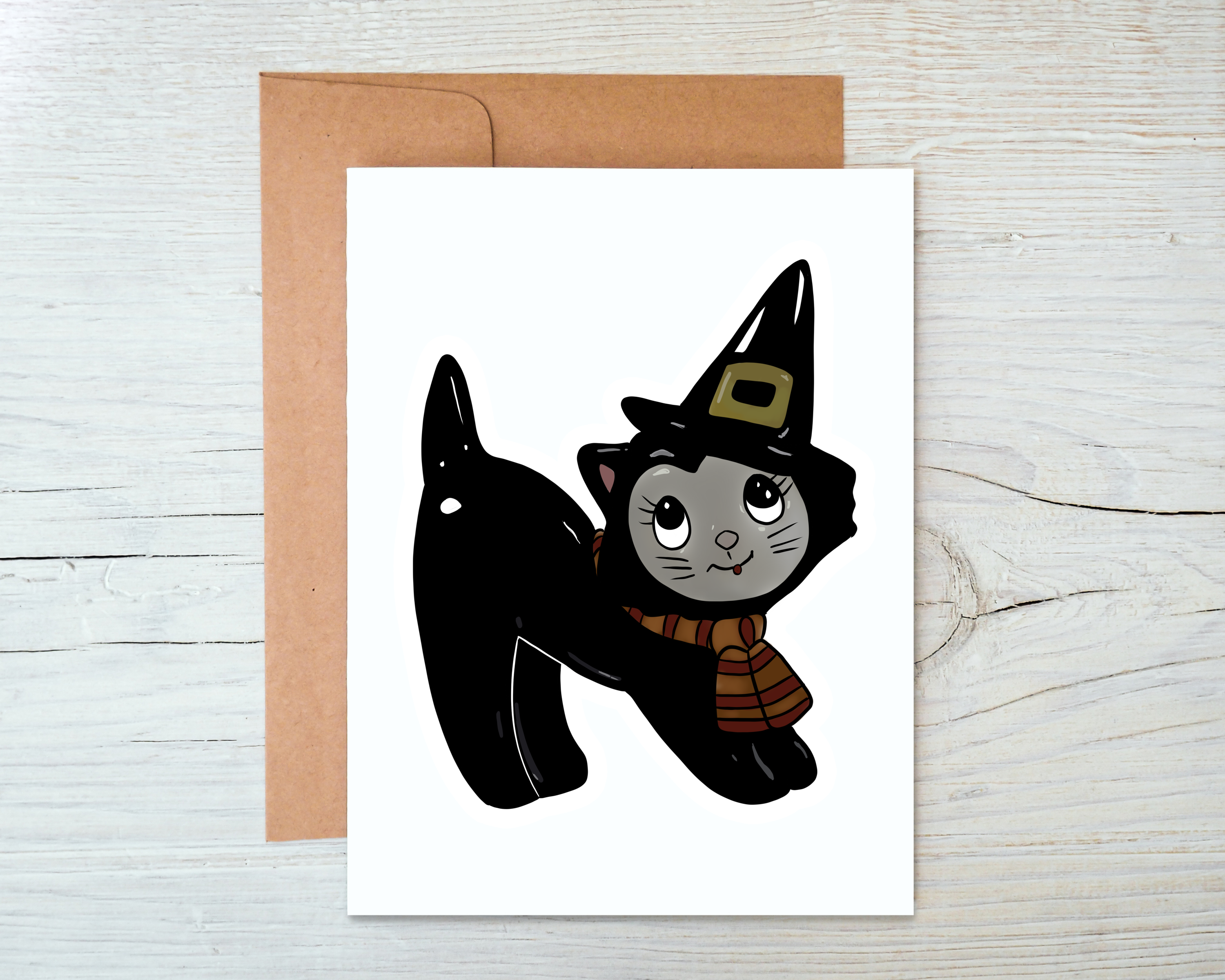 A charming black cat card with a blank interior, accompanied by a kraft envelope, perfect for personal messages.