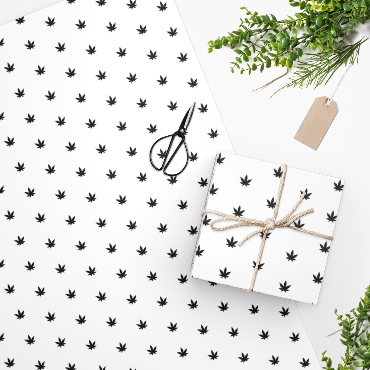 Black Weed Wrapping Paper featuring vibrant edge-to-edge printing on premium gloss paper, rolled up for easy storage.