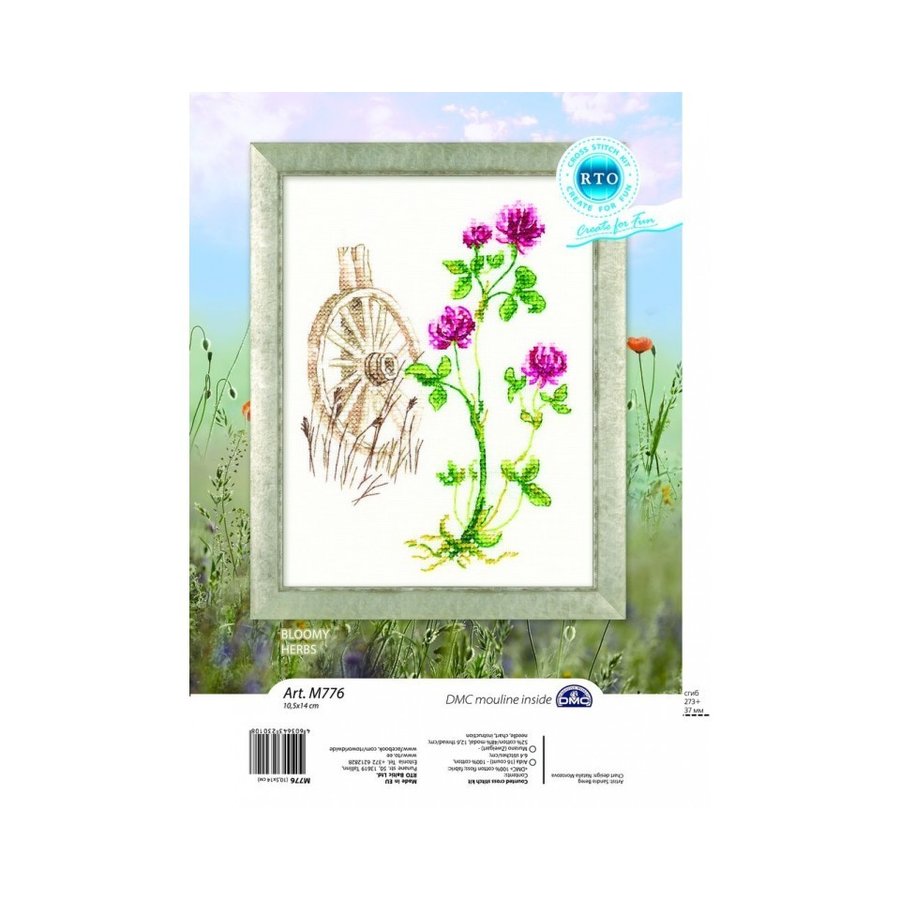 Bloomy Herbs M776 Counted Cross Stitch Kit featuring Aida16 canvas, DMC threads, and stitching accessories.