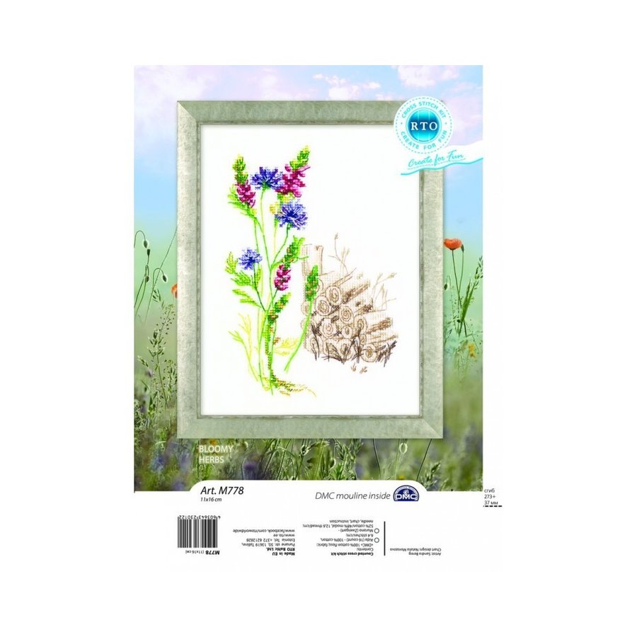 Bloomy Herbs M778 Counted Cross Stitch Kit featuring Aida 16 canvas, DMC threads, and detailed instructions for crafting.