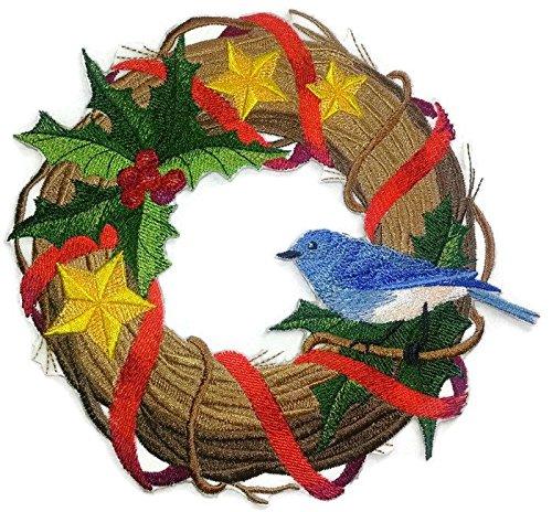 A beautifully embroidered Blue Bird Wreath patch, measuring 7 inches, showcasing vibrant colors and intricate details.