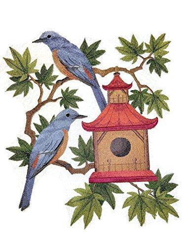 Embroidered patch featuring Blue Rock Thrush and birdhouse design, suitable for iron-on or sewing applications.