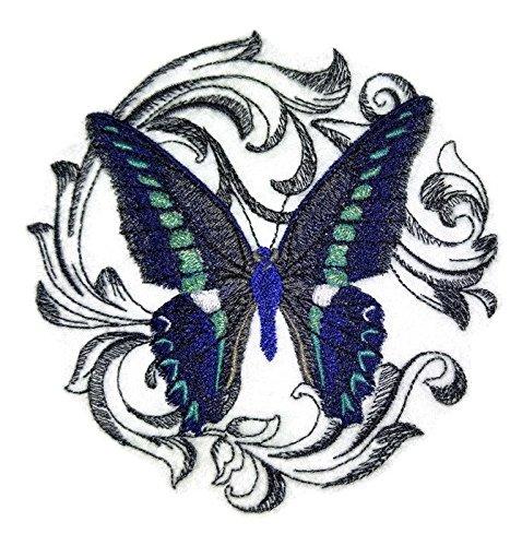 A beautifully embroidered blue triangle butterfly patch with baroque details, measuring 5 inches, suitable for iron-on or sew-on applications.