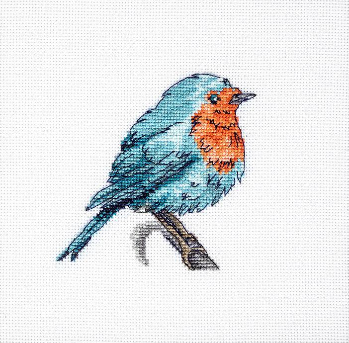 Bluebird B1167L Counted Cross-Stitch Kit featuring colorful threads, Zweigart fabric, and detailed instructions for stitching a charming bird design.