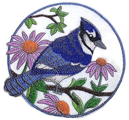 Bluejay and purple cornflowers embroidered patch, showcasing vibrant colors and intricate design, perfect for iron-on or sewing applications.