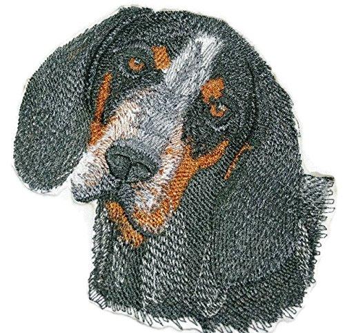 Blue-tick Coonhound dog face embroidery patch, 4.5 inches, iron-on or sew-on application.