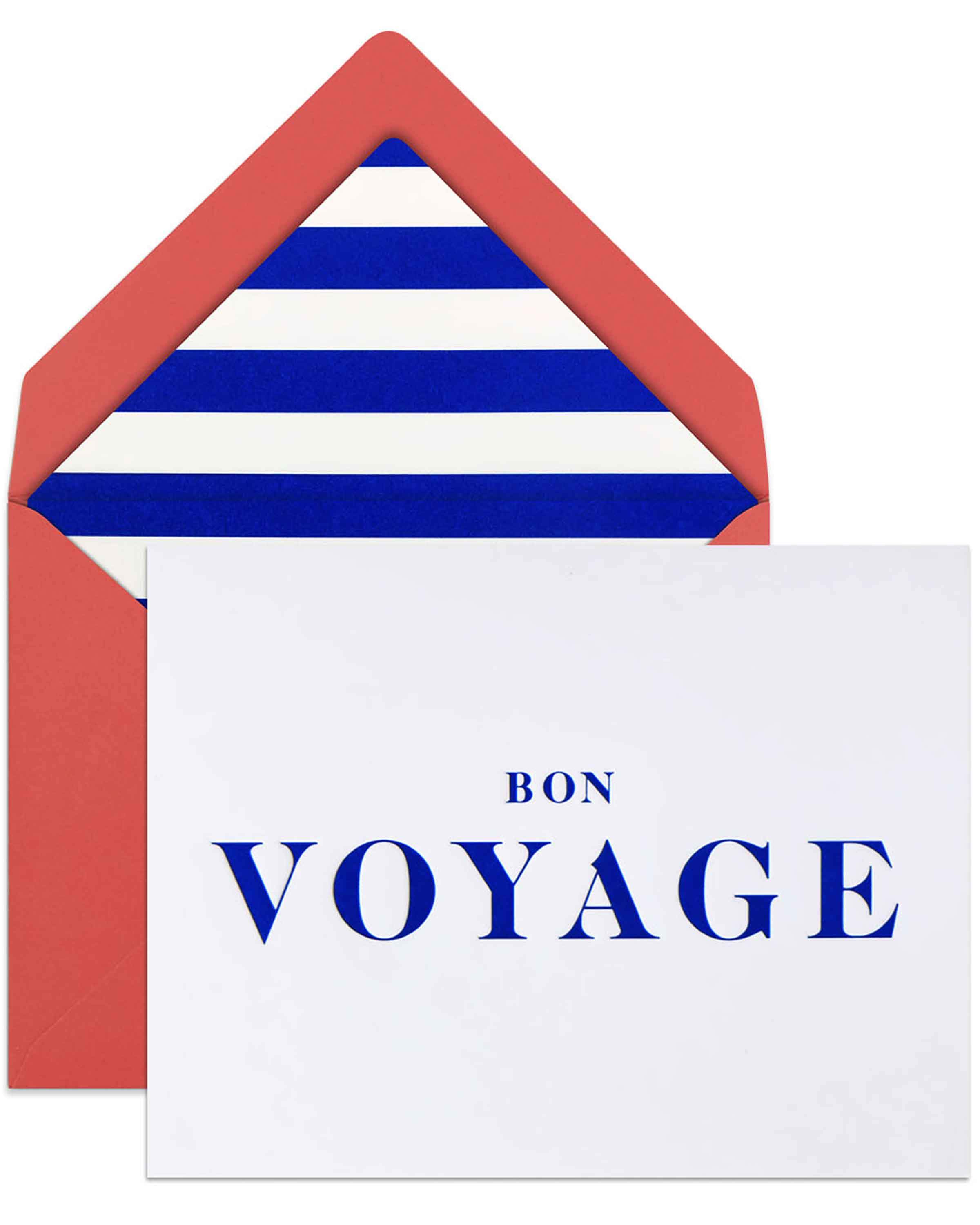 Bon Voyage card with debossed finish and lined envelope, showcasing elegant design and blank interior.