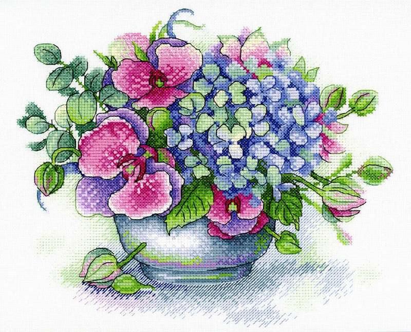 Bouquet of Memories Cross Stitch Kit featuring 27 count Linda canvas, DMC threads, and detailed instructions for a beautiful stitching project.