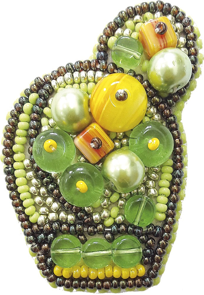 BP-187C Beadwork kit featuring bright cactus design with beads, felt, and needle for crafting a brooch.