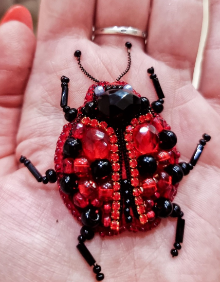 BP-318C Beadwork kit featuring colorful Preciosa and Crystal Art beads for creating a ladybug brooch.