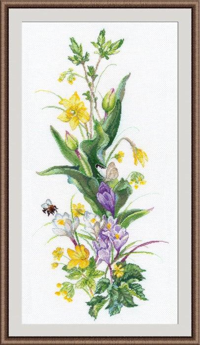 Brave Bumblebee 1015 Counted Cross Stitch Kit with colorful threads and Aida canvas.