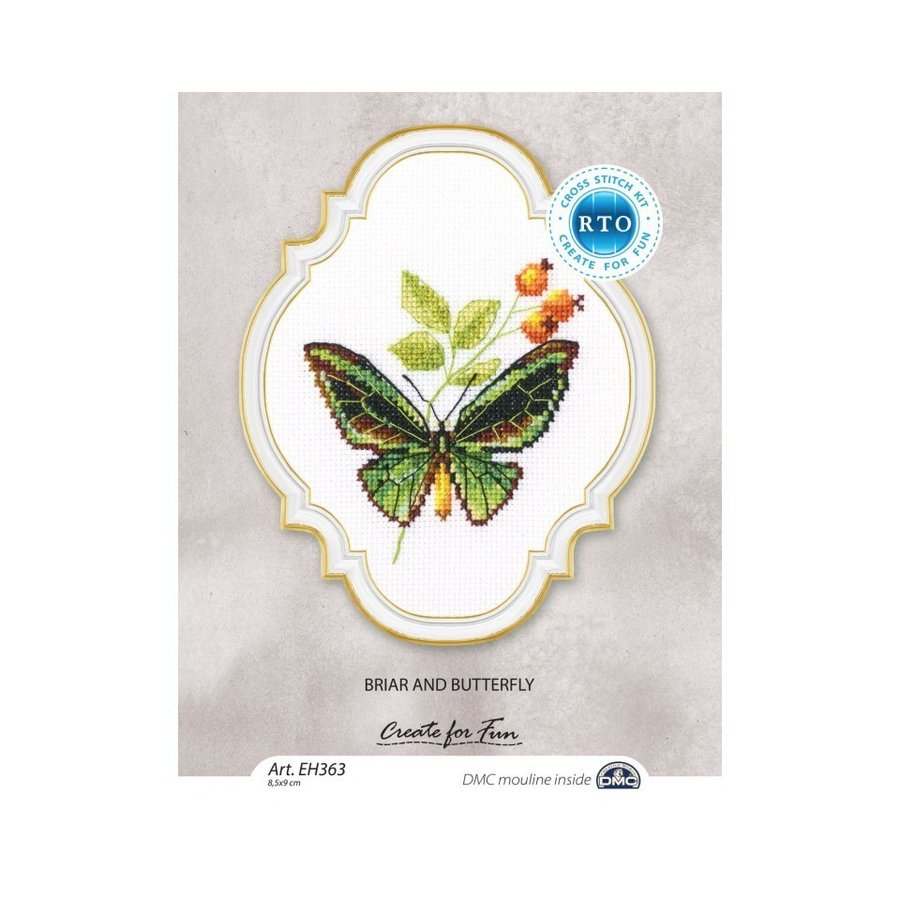 Briar and Butterfly EH363 Counted Cross Stitch Kit featuring Aida canvas, DMC threads, and stitching supplies.