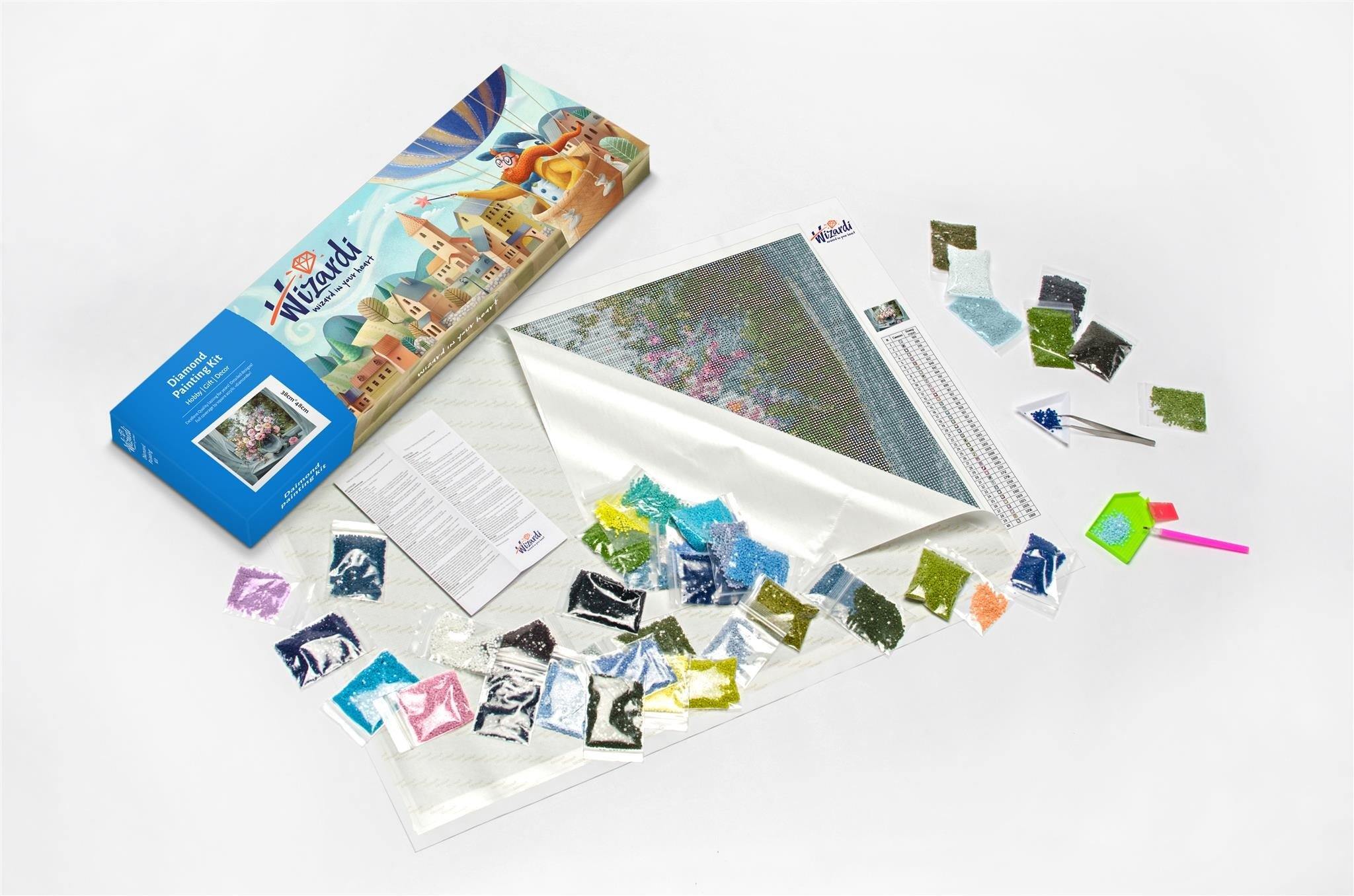 Bridge in Heaven WD316 Diamond Painting Kit featuring a colorful design, tools, and pre-sorted square acrylic diamonds.