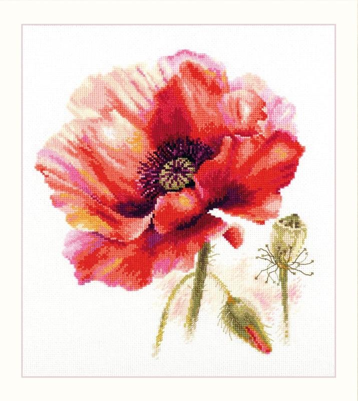 Bright Red Poppy 2-46 Cross-stitch kit with threads, needle, and white aida fabric.