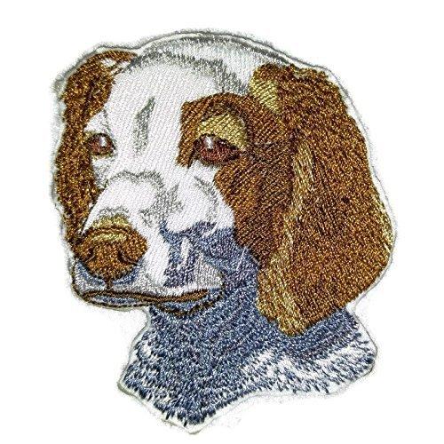 Brittany Spaniel Dog Face embroidery patch, 3 inches by 3 inches, showcasing intricate stitching and vibrant colors.