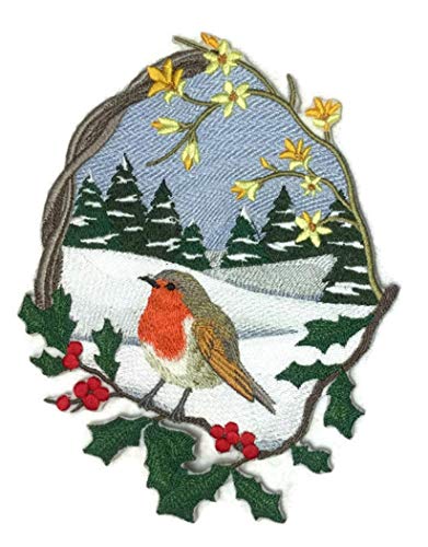 British Robin Oval Embroidered Patch featuring vibrant colors and intricate details, perfect for iron-on or sewing applications.