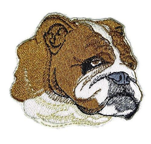 A detailed Bulldog Dog Face embroidery patch, measuring 3 inches by 3 inches, showcasing vibrant colors and intricate stitching.