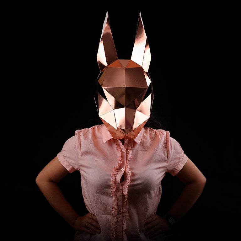 A beautifully crafted Bunny Rabbit Mask in Rose Gold, showcasing its intricate design and vibrant color, perfect for creative activities and celebrations.