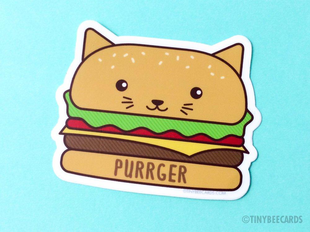 A cute vinyl sticker featuring a cat designed as a cheeseburger with the text 'Purrger'.