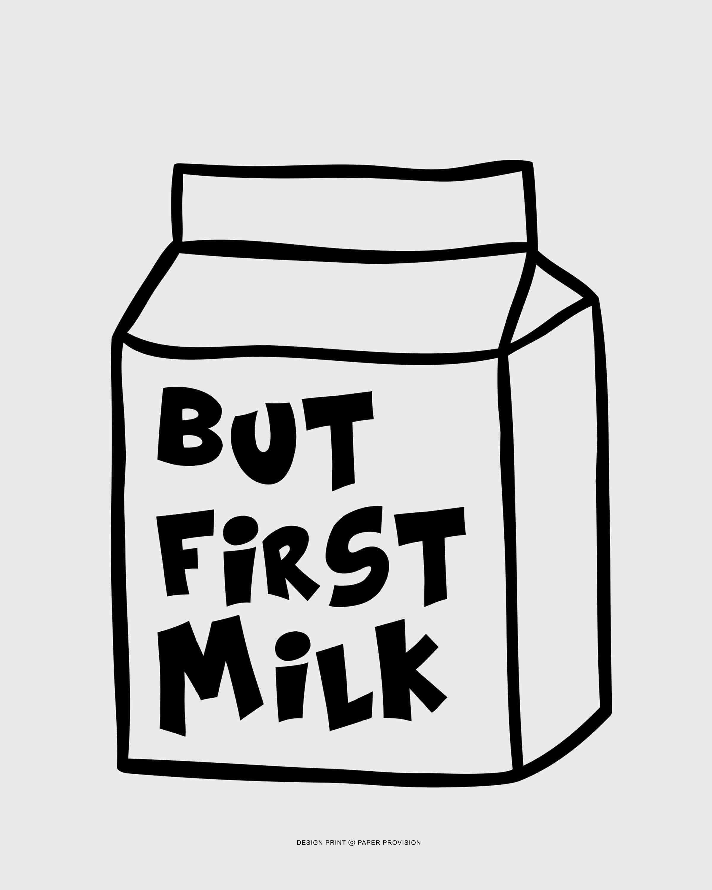 A high-quality print featuring the phrase 'But First Milk' designed for stylish home decor, showcasing sharp and clear imagery.