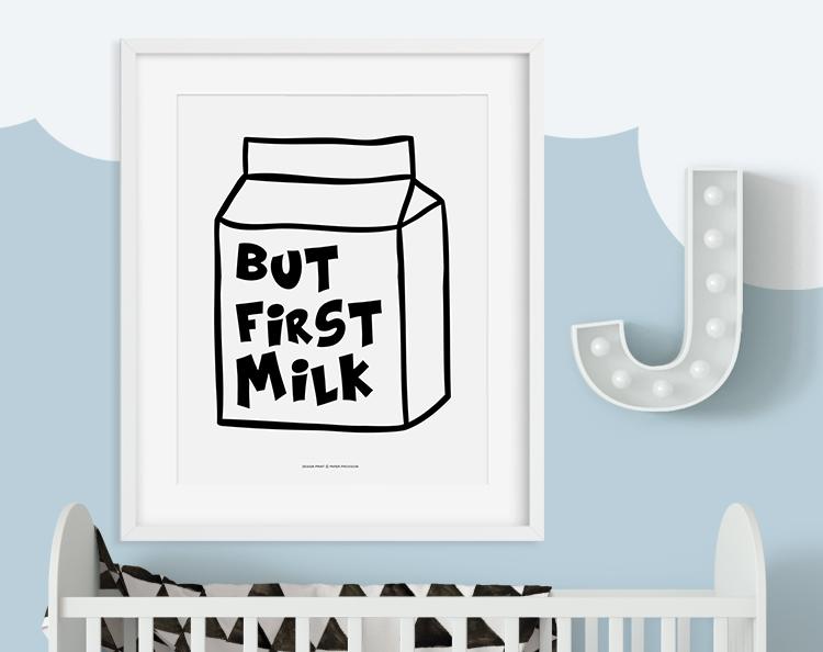 A high-quality print featuring the phrase 'But First Milk' designed for stylish home decor, showcasing sharp and clear imagery.