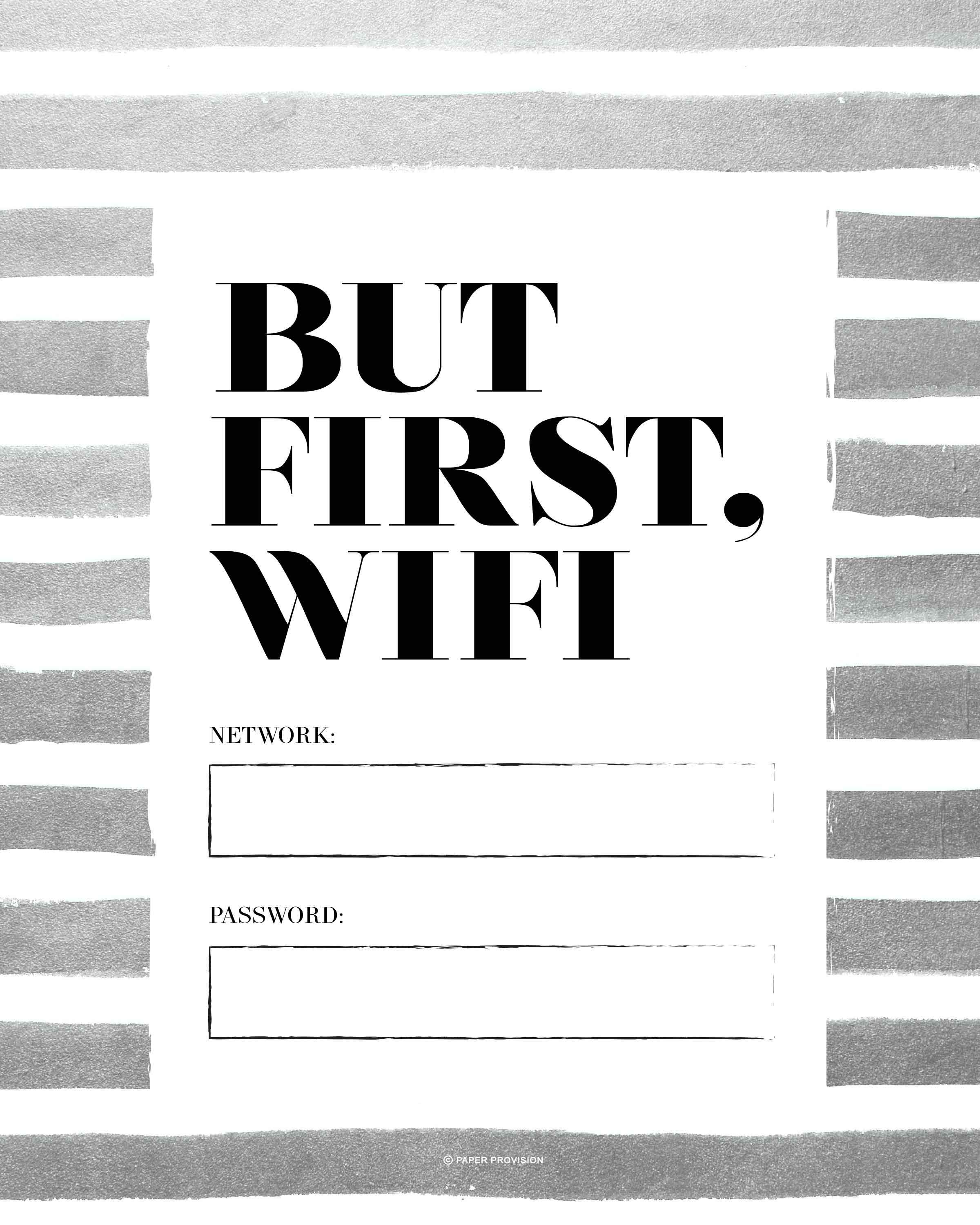 A stylish wall art print featuring the phrase 'But First Wifi' in modern typography, perfect for tech enthusiasts.