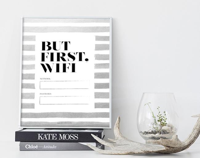 A stylish wall art print featuring the phrase 'But First Wifi' in modern typography, perfect for tech enthusiasts.