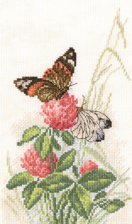 Butterflies on Clover M521 Counted Cross Stitch Kit featuring colorful threads and Aida fabric.