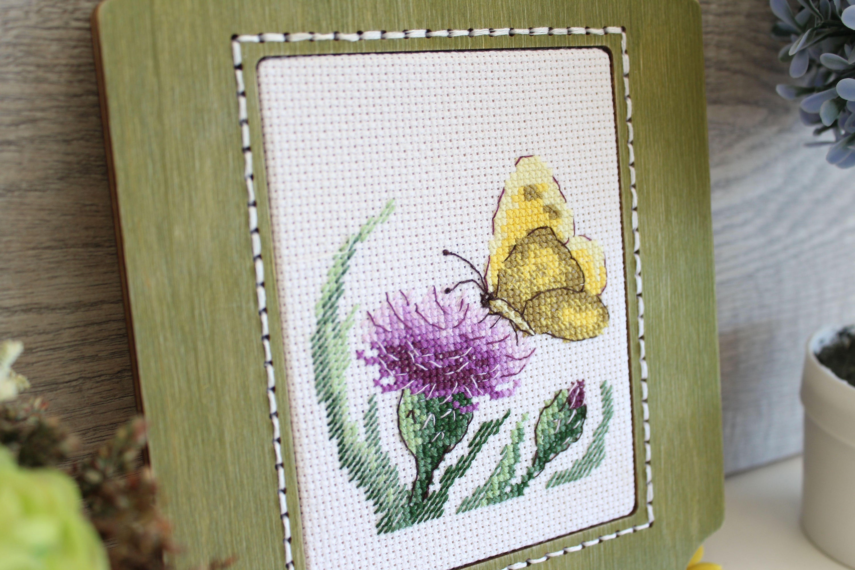 Butterfly and Agrimony SM-623 Counted Cross-Stitch Kit featuring a yellow butterfly and flower design with included materials.