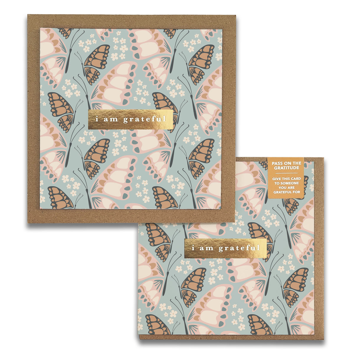 A set of Butterfly Gratitude Greeting Cards featuring gold foil stamping and kraft envelopes, designed for spreading positivity.