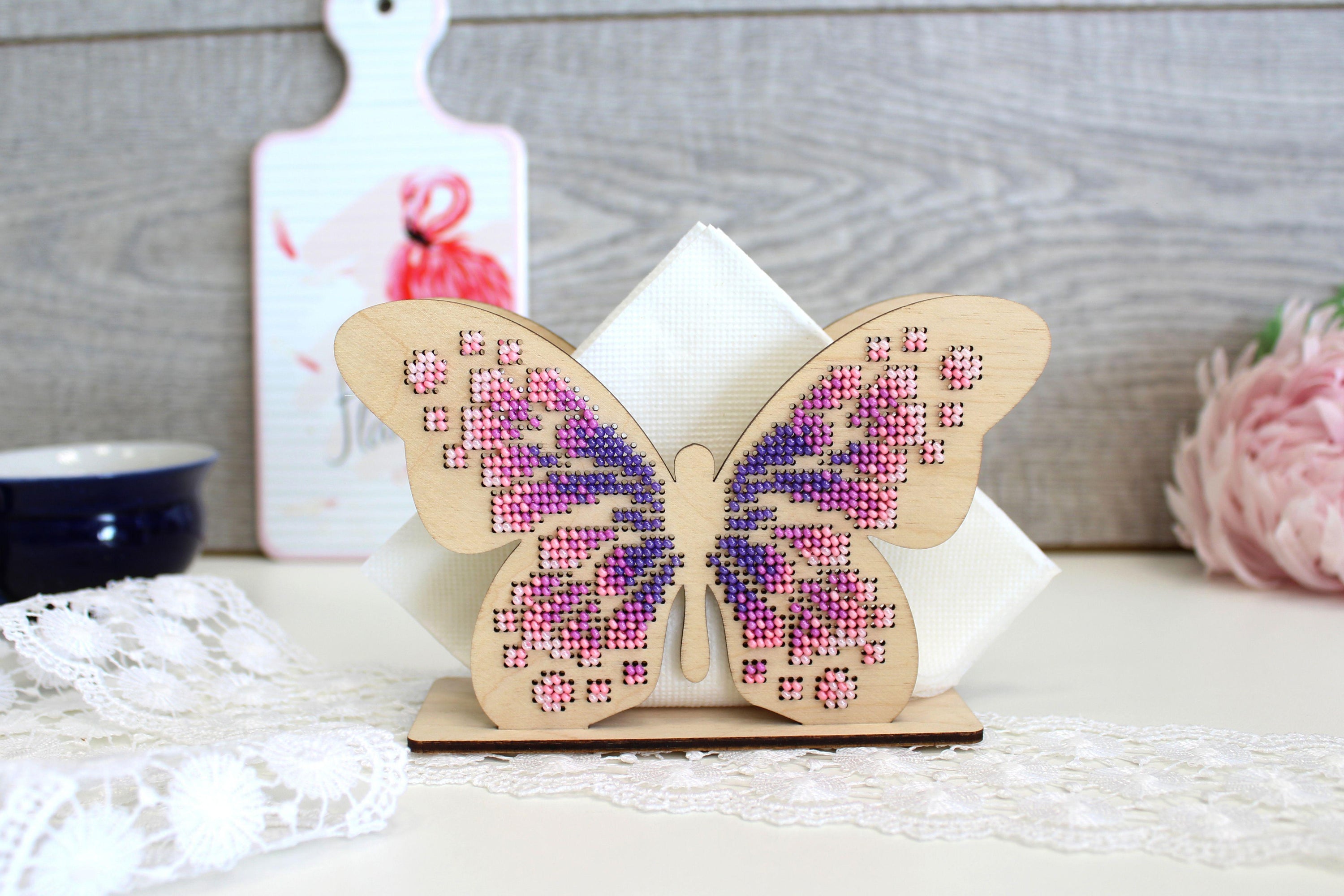 Butterfly Napkin Holder O-043 featuring intricate cross-stitch design on plywood with colorful beads.