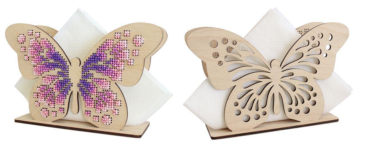 Butterfly Napkin Holder O-043 featuring intricate cross-stitch design on plywood with colorful beads.