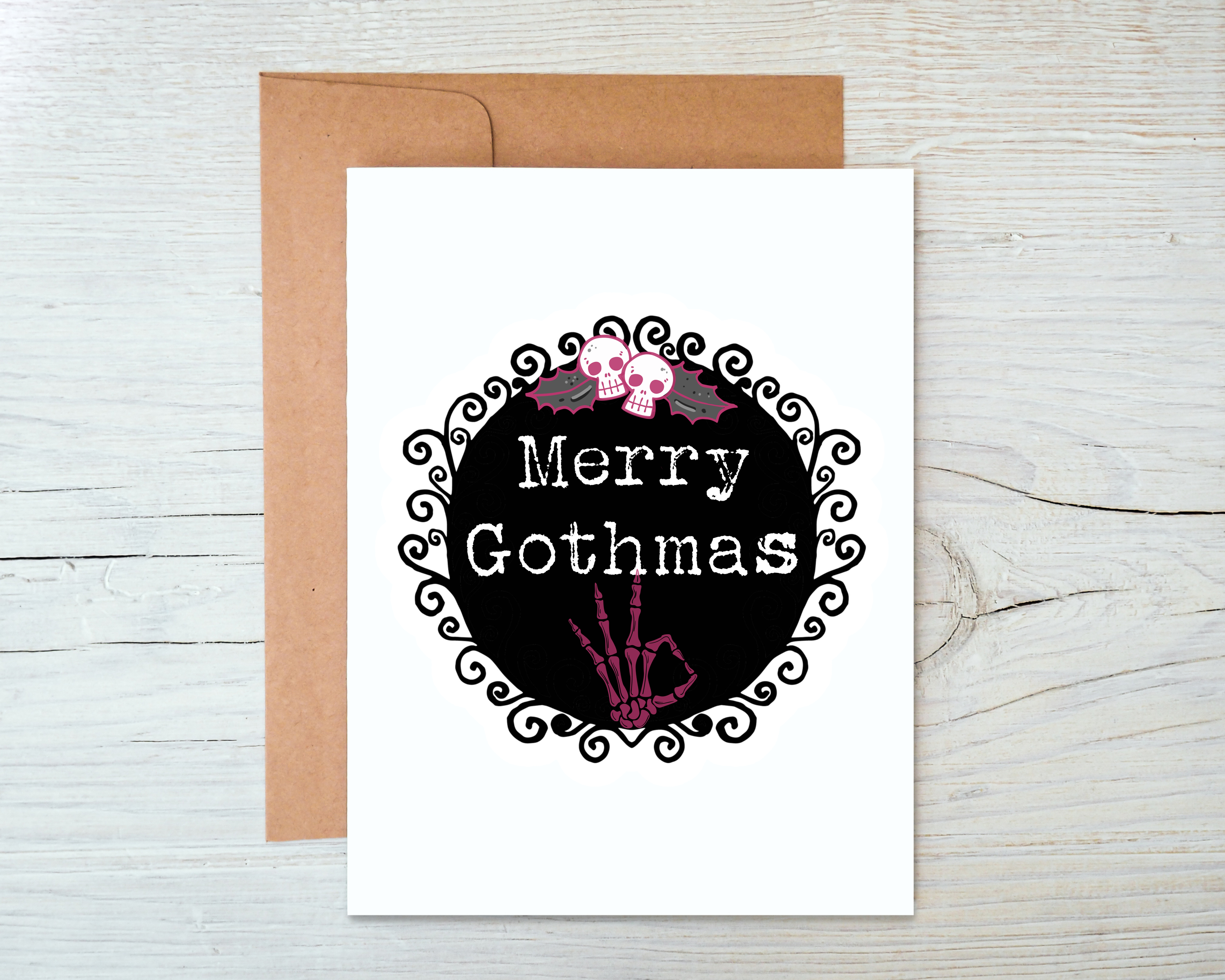 Merry Gothmas card featuring a blank interior and kraft envelope, designed with a unique gothic theme for holiday greetings.