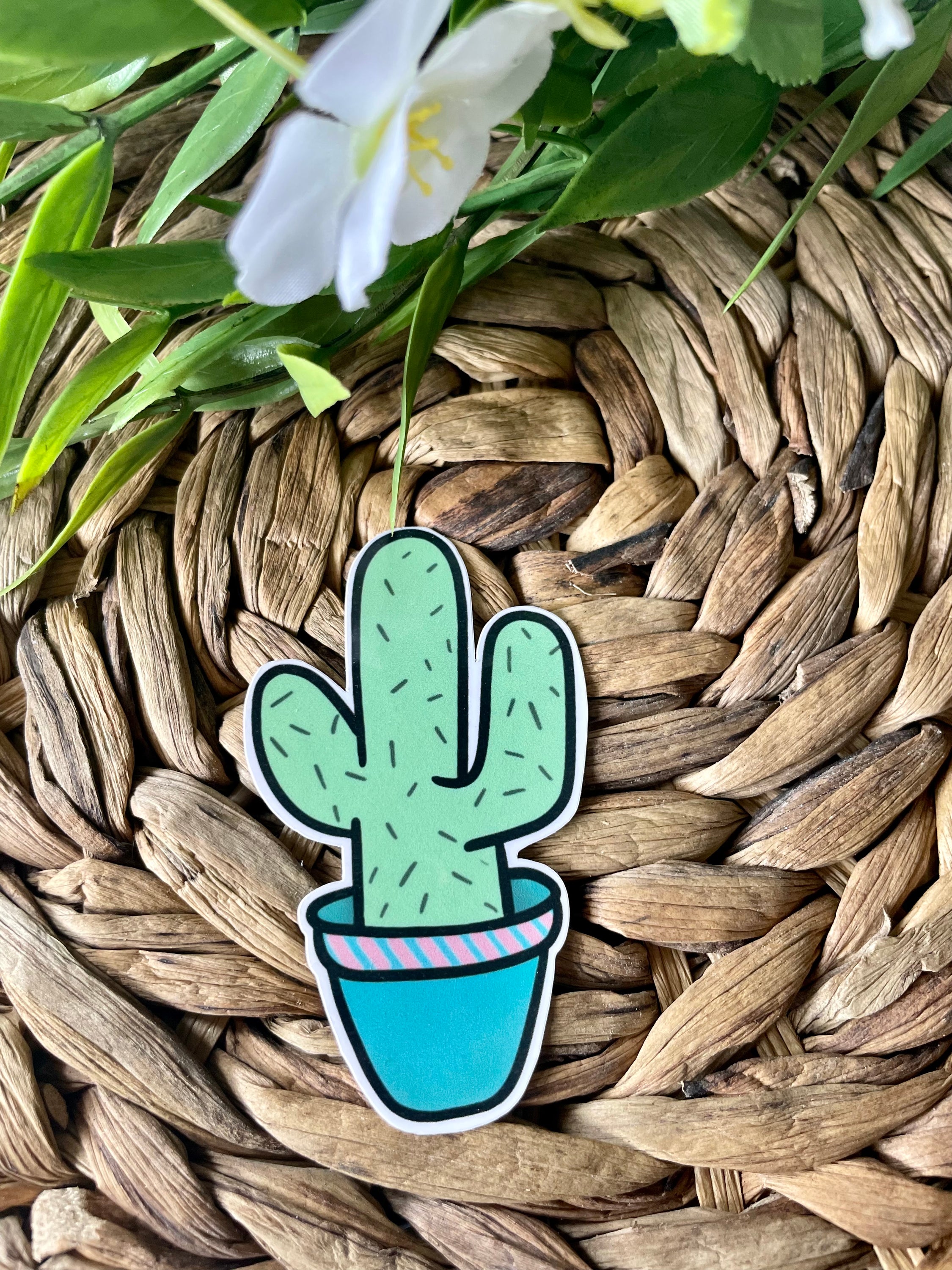 A cute cactus sticker featuring a vibrant green cactus design, perfect for personalizing items like laptops and water bottles.