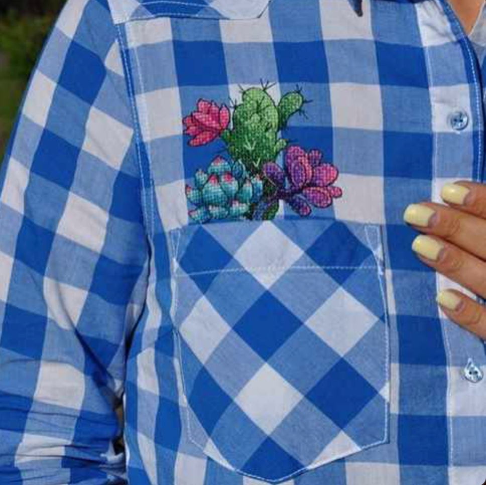 Cactuses Cross Stitch kit featuring water-soluble canvas, colorful threads, and stitching supplies for personalized clothing.