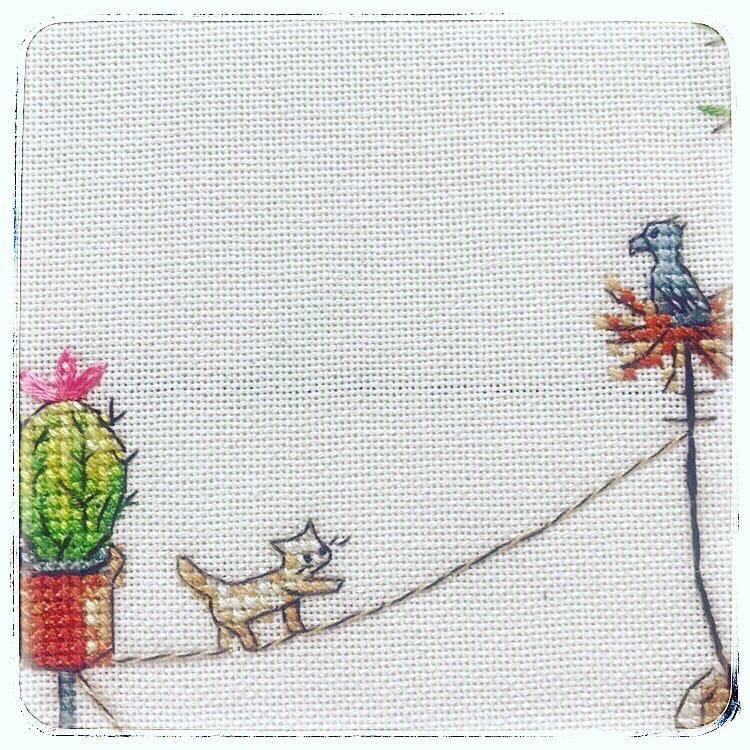 Cactuses CT-11 Counted Cross-Stitch Kit featuring a cartoon cactus house and family, with included materials like fabric, threads, and needle.