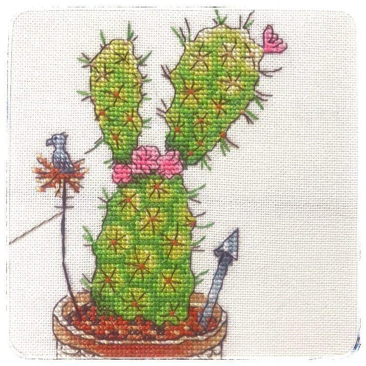 Cactuses CT-11 Counted Cross-Stitch Kit featuring a cartoon cactus house and family, with included materials like fabric, threads, and needle.