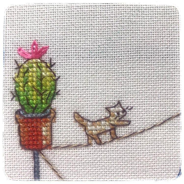 Cactuses CT-11 Counted Cross-Stitch Kit featuring a cartoon cactus house and family, with included materials like fabric, threads, and needle.