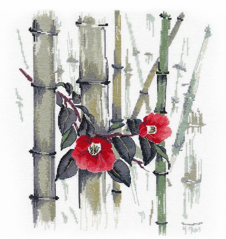 Camellias in Bamboo Grove counted cross stitch kit featuring vibrant threads and Zweigart canvas.