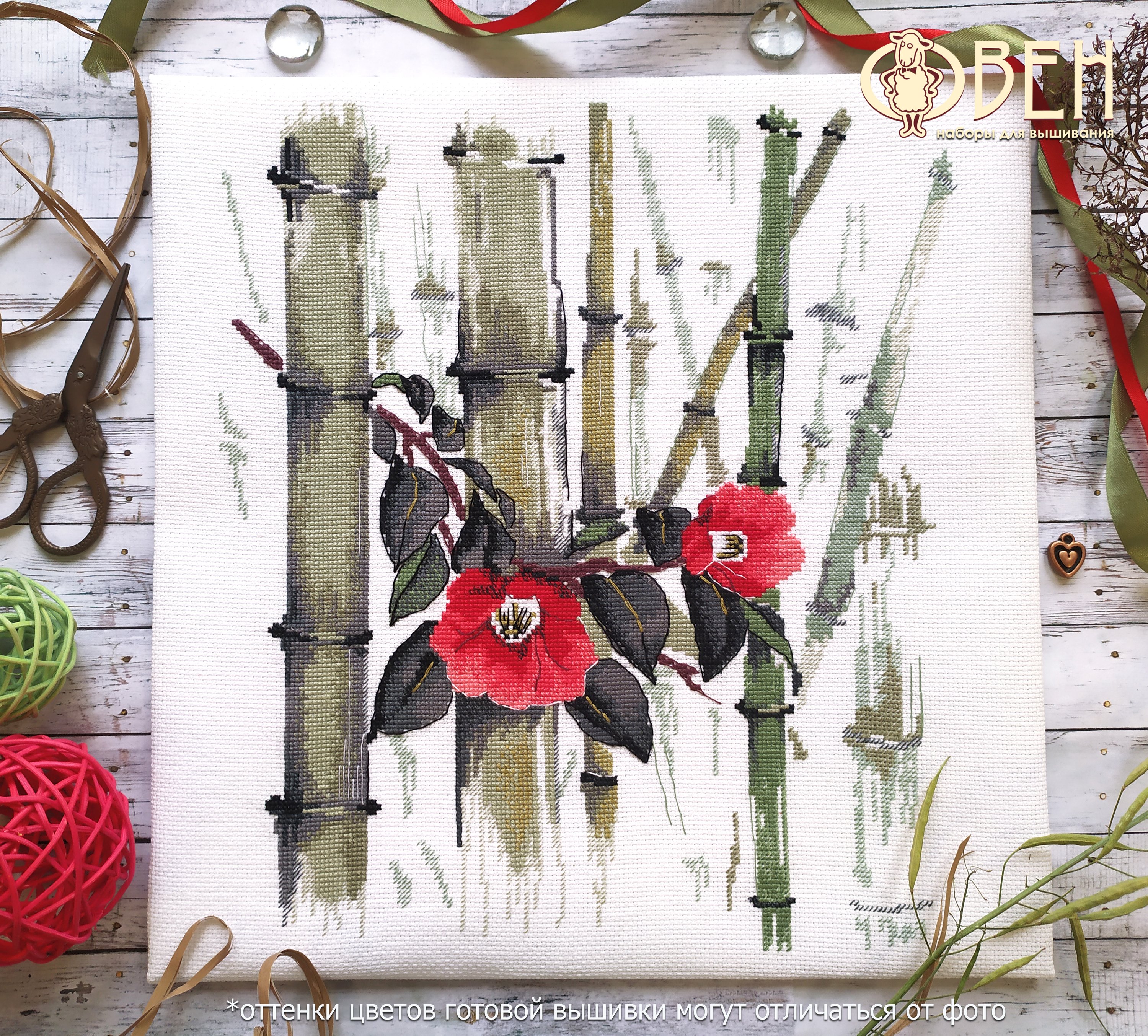 Camellias in Bamboo Grove counted cross stitch kit featuring vibrant threads and Zweigart canvas.