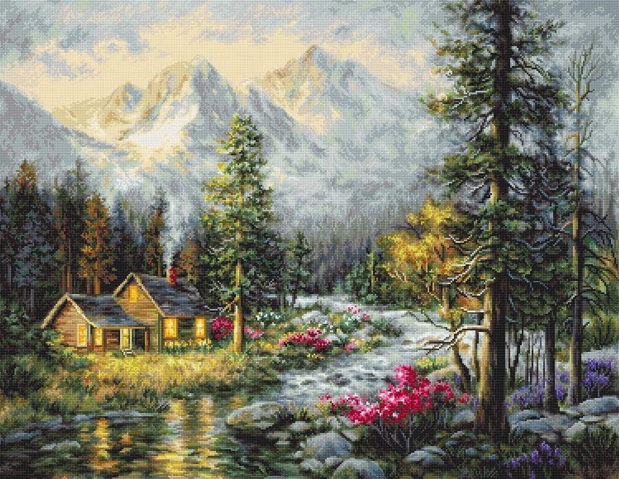 Camper's Cabin B610L Counted Cross-Stitch Kit featuring a forest house, river, and mountains on high-quality canvas.