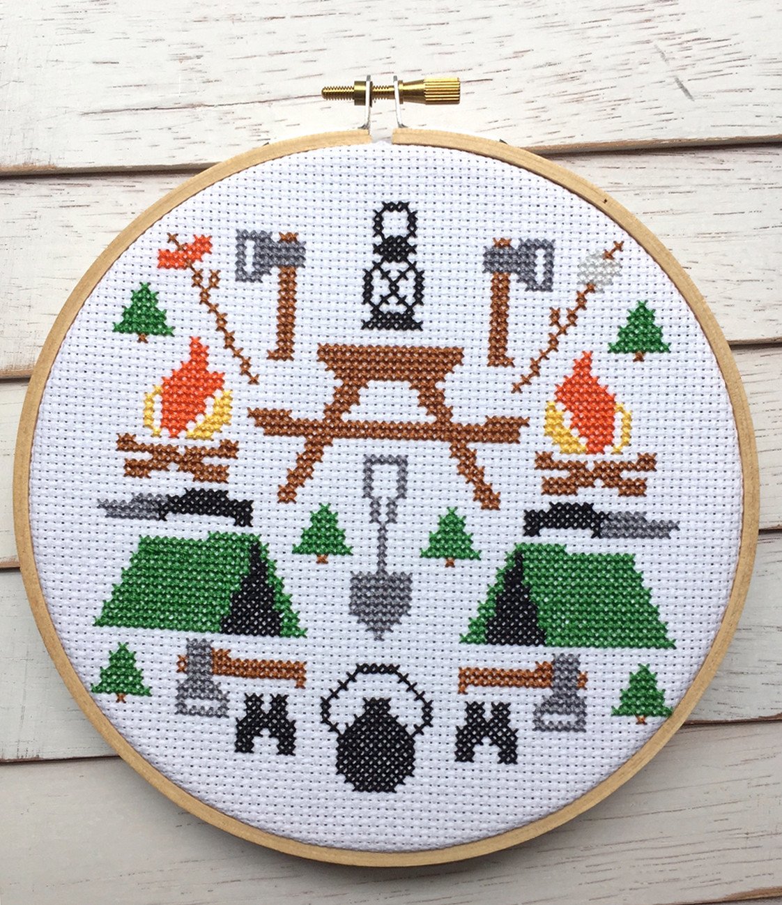 Camping Counted Cross Stitch DIY Kit featuring a vibrant camping theme with included supplies like fabric, threads, and instructions.