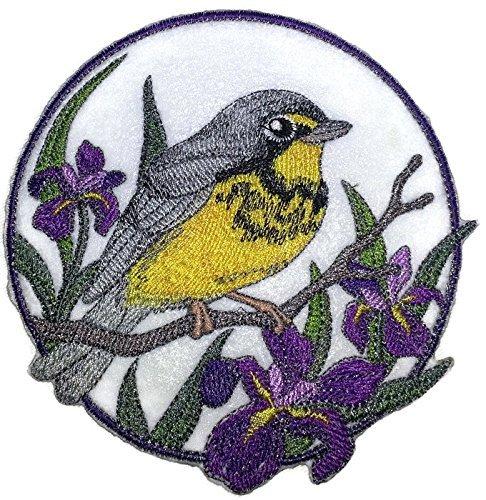 Canada Warbler and Iris Circle embroidered patch, featuring vibrant colors and intricate design, measuring 5 inches by 5 inches.