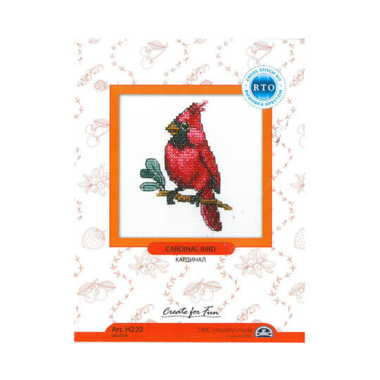 Cardinal bird cross stitch kit featuring Aida fabric, DMC threads, and stitching supplies.