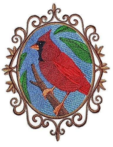 Cardinal Cameo embroidered patch featuring a vibrant cardinal design on a cotton base, suitable for iron-on or sewing applications.