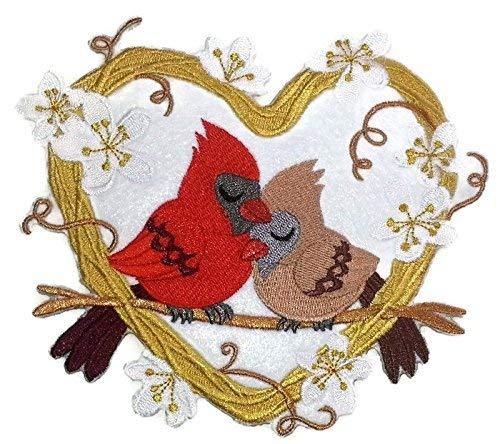 Cardinal Love Nest embroidered patch featuring vibrant colors and intricate design, measuring 6.75 inches by 5.9 inches.