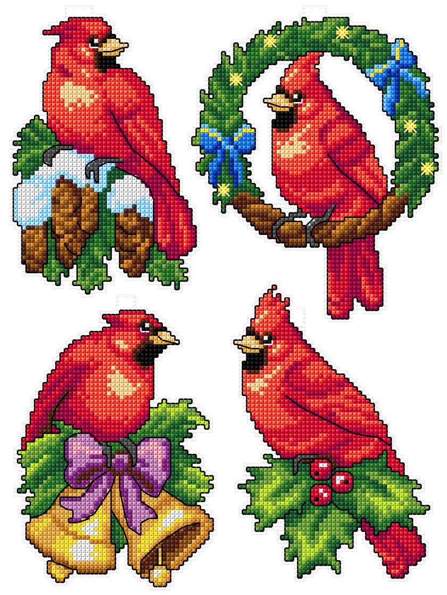 Cardinals 106CS Counted Cross-Stitch Kit featuring vibrant colors and included materials for crafting.