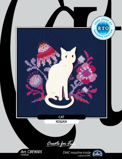 Cat CBE9005 cross stitch kit featuring blue Aida 14 canvas, 100% cotton threads, and a plywood form for display.