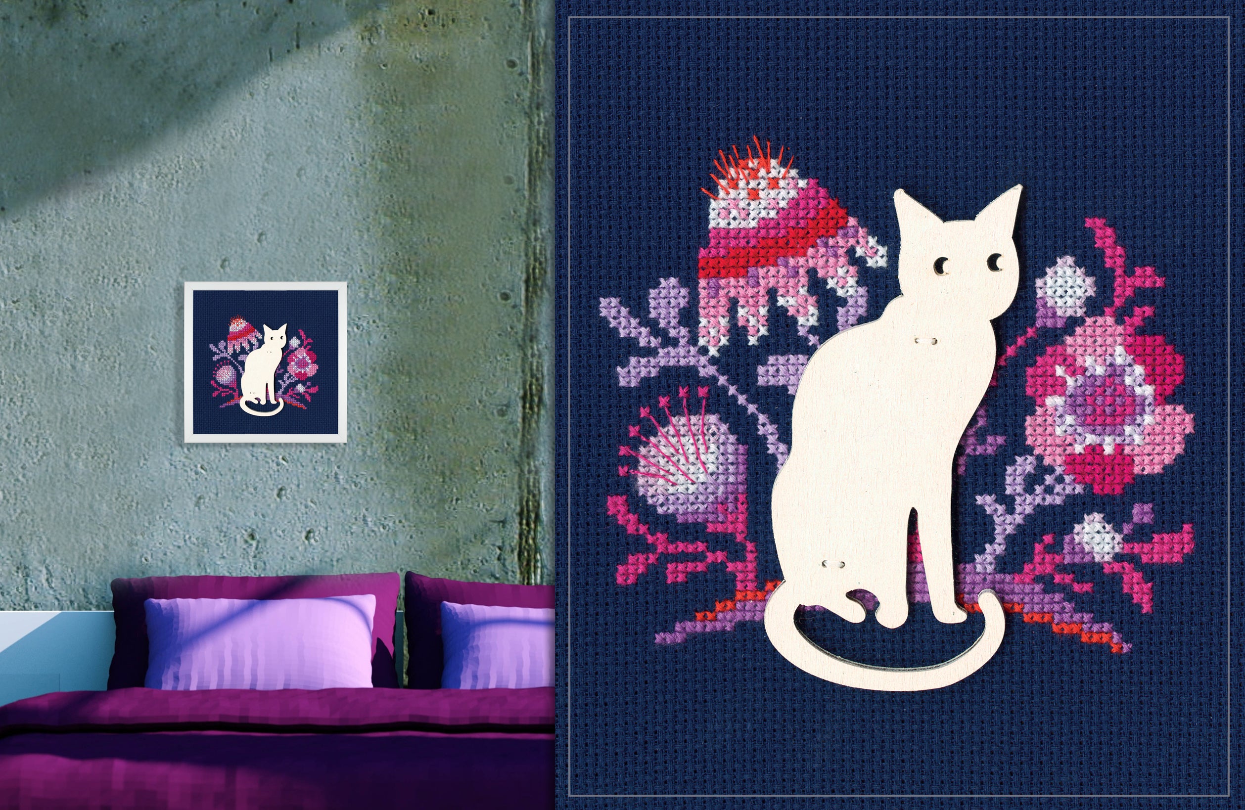 Cat CBE9005 cross stitch kit featuring blue Aida 14 canvas, 100% cotton threads, and a plywood form for display.